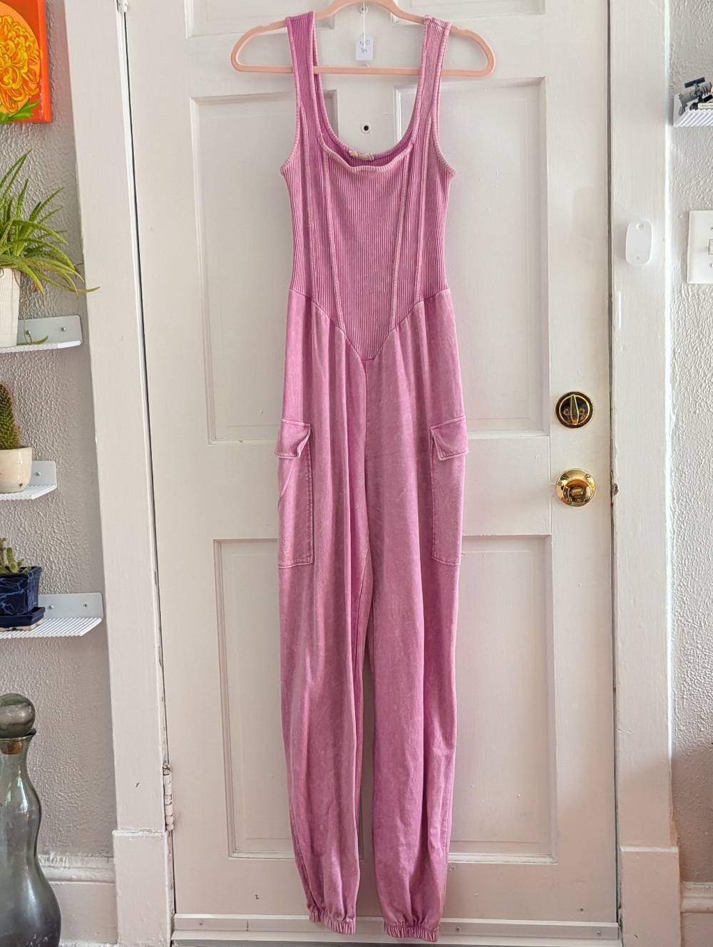 J.HER Pink Ribbed Utility Jumpsuit Wide Strap Lounge Romper L - Picture 3 of 5